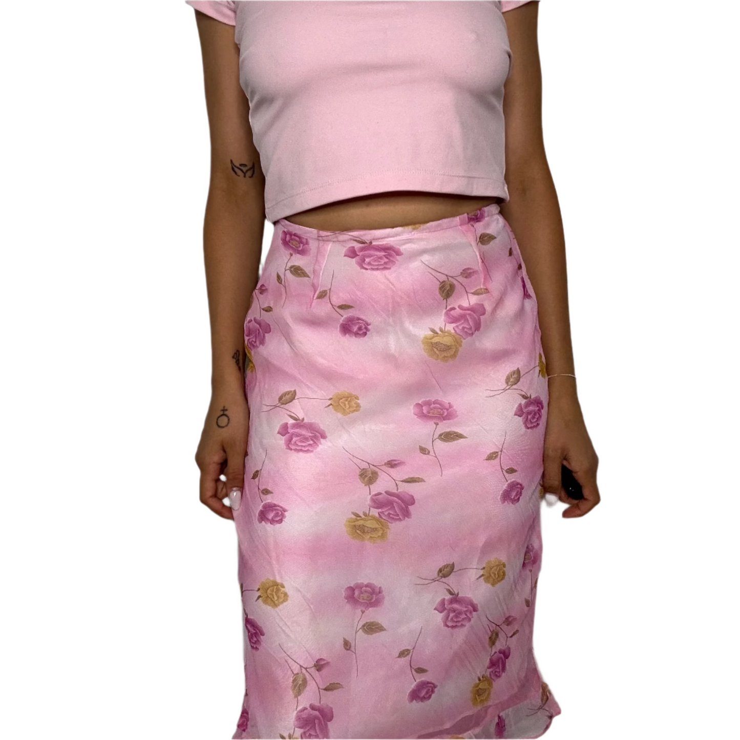 Pink Floral Mesh Midi Skirt