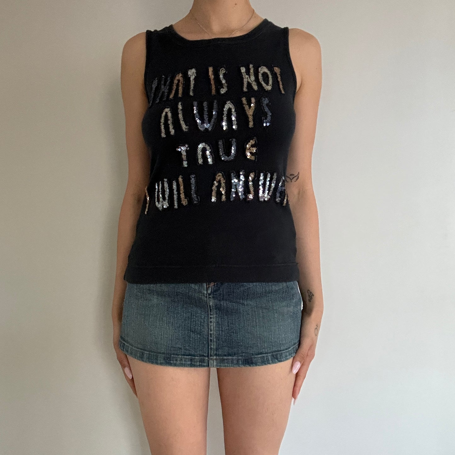 'I Will Answer' Sequin Text Tank
