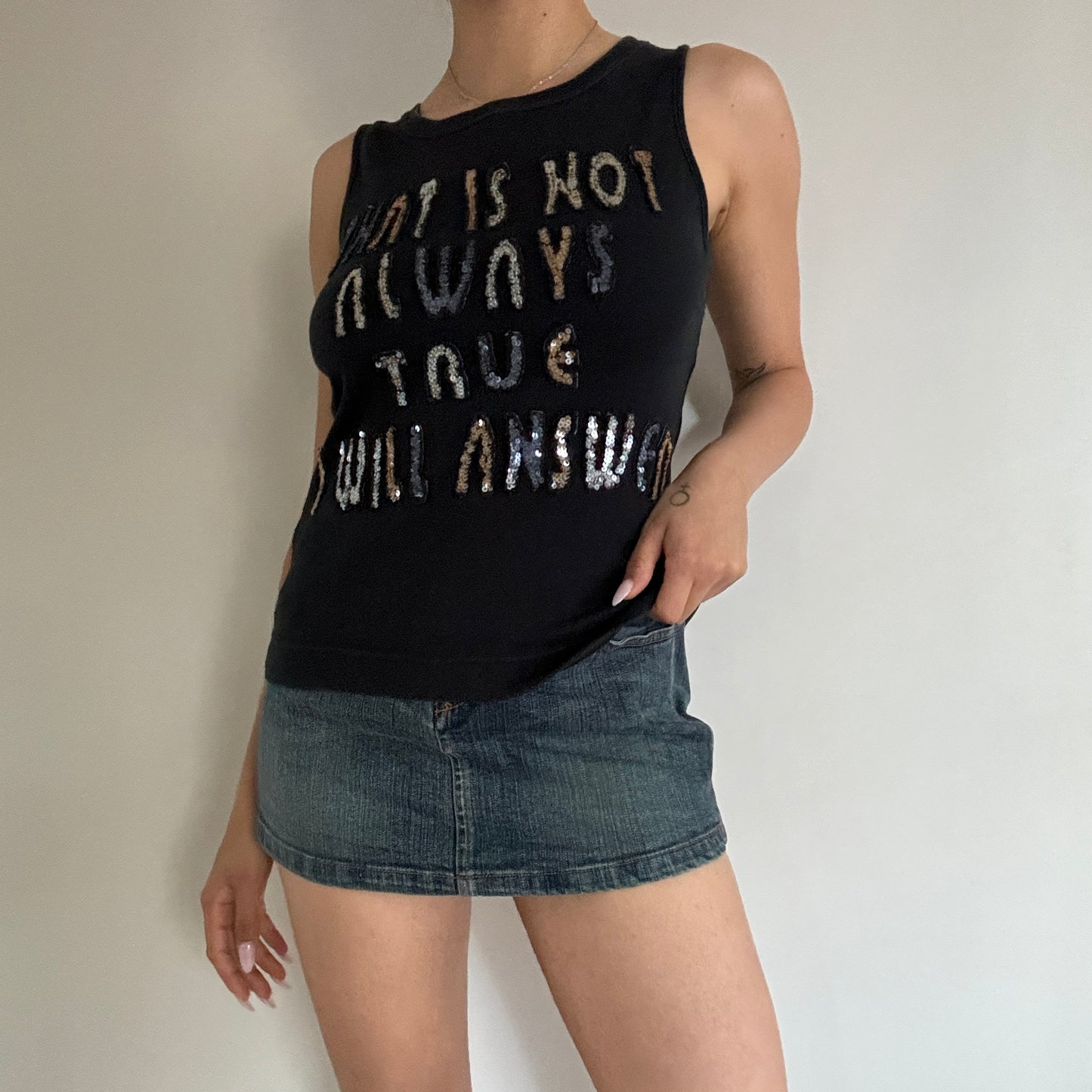 'I Will Answer' Sequin Text Tank