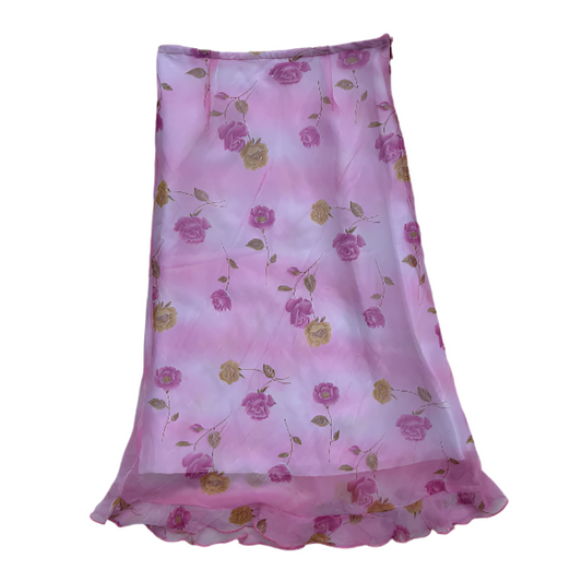 Pink Floral Mesh Midi Skirt
